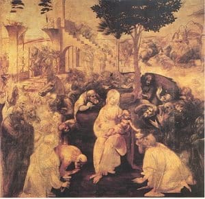 Famous Renaissance painting Adoration of the Magi by Leonardo da Vinci