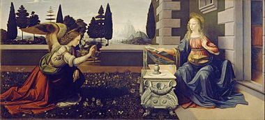 Famous Renaissance painting Annunciation by Leonardo Da vinci