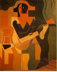 Cubism art depicted by Harlequin with a Guitar
