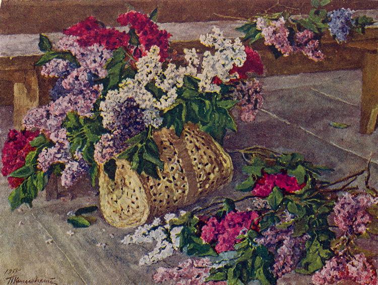 lilacs in a purse on the floor by pyotr konchalovsky
