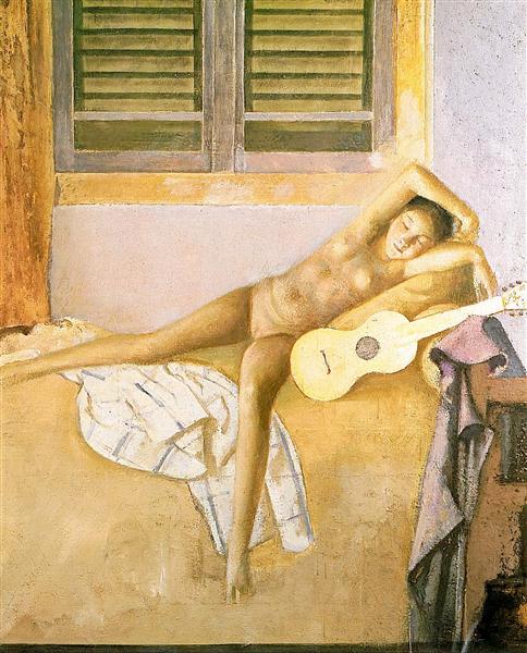 nude with a guitar