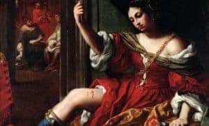 Porcia wounding her thigh, by Elisabetta Sirani.