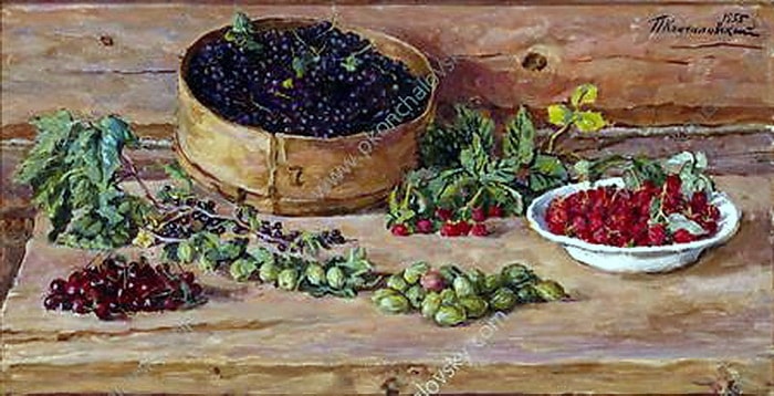 still life. currants on a sieve by pyotr konchalovsky