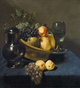 Still life with apples and grapes in a wicker basket, with a roemer and a ewer on a blue draped table by Judith Leyster