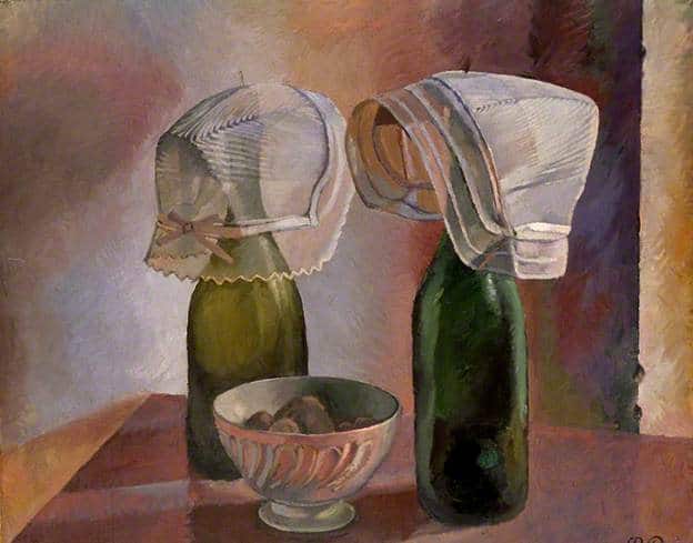 still life with bottles and breton bonnets by Pierre Roy