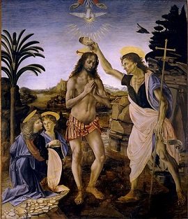 Famous Renaissance painting The Baptism of Christ by Andrea del Verrocchio