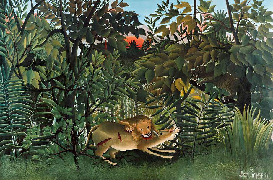 The Hungry Lion Throws Itself on the Antelope Naive Art