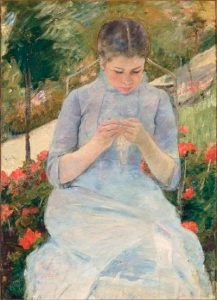 Impressionism art depicted by Young Woman Sewing in a Garden