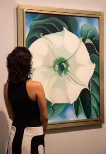 "Jimson Weed/White Flower No. 1" (1936) by Georgia O'Keeffe is a breathtaking floral masterpiece, showcasing her meticulous attention to detail and ability to capture nature's essence in modernist form."Jimson Weed/White Flower No. 1" (1936) by Georgia O'Keeffe is a breathtaking floral masterpiece, showcasing her meticulous attention to detail and ability to capture nature's essence in modernist form. Jimson-Weed-White-Flower-No-1
